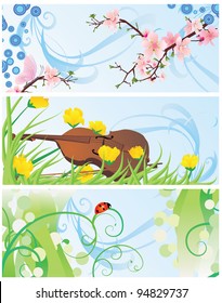 spring banners set with blossom tree, violin, flowers and ladybird