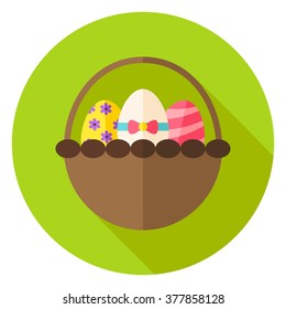 Spring Basket with Easter Eggs Circle Icon. Flat Design Vector Illustration with Long Shadow. Spring Christian Holiday Symbol.