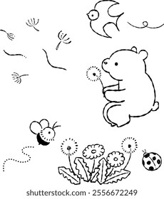 spring bear and dandelions, Hand-drawn line art illustration