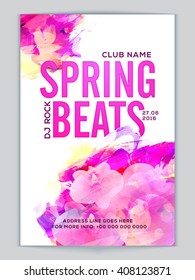 Spring Beats Musical Party Template, Dance Party Flyer, Night Party Banner or Club Invitation Card with beautiful flowers and abstract design decoration.