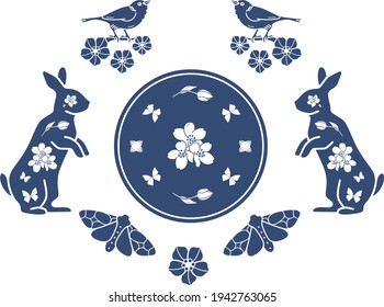 Spring beautiful delicate dark blue ornament with spring flowers, cherry blossom, moth, birds on the tree, and bunnies. Vector graphic with isolated elements 