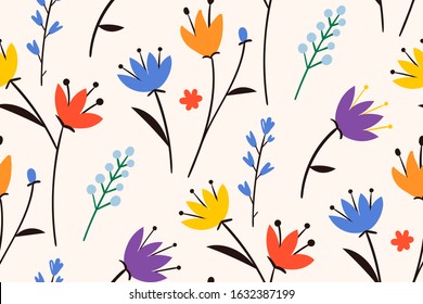 Spring beautiful easter pattern.Trendy style. Abstract seamless pattern with leaves and flowers. Hand drawn creative flowers. Colorful artistic background with blossom. 