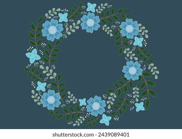 spring beautiful flower wreath on blue background, floral garland, vector illustration template