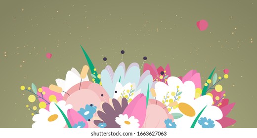 Spring beautiful flowers on a green background. Vector illustration for banner, brochure, invitation, flyer, postcard, website. Design template