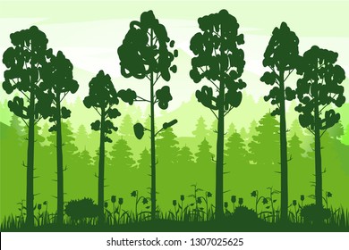 Spring beautiful landscape, forest, silhouettes of tree trunks, green color of foliage. Panorama, horizon, nature. Vector illustration, cartoon style, isolated, banner, template, poster, card