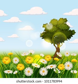 Spring beautiful scenery, fields, chamomile flowers, dandelions, clouds, cartoon style, vector, illustration, isolated