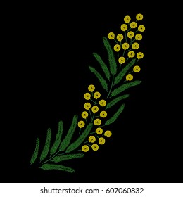 Spring beautiful stylised ornate blossoming Mimosa branch. Vector illustrations