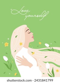 Spring, a beautiful woman in profile, hugs herself, her hair flutters in a light wind with flowers. Love yourself concept. Vector tender flat cartoon illustration