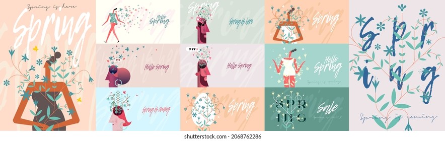 Spring. Beautiful young girl surrounded by leaves and flowers. 
 Big set. Collection of vector illustrations. Simple, flat design. Patterns and backgrounds. Perfect for poster, cover, banner.