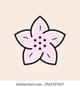 "Spring Beauty" flower filled vector icon with five petals, pinkish-white color, central stamen dots and cute reflexes. Editable iconic spring flower ready to grow your project.