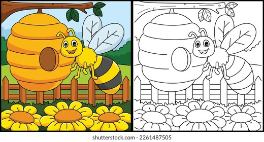 Abeja de primavera con una ilustración de coloración de colmenas