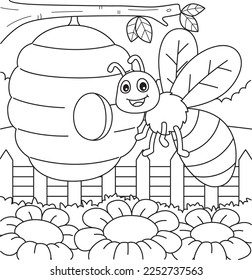 Spring Bee with a Beehive Coloring Page for Kids