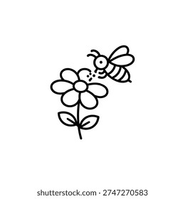 Spring bee and flower black and white vector illustration spring bee pollinating spring flower line art