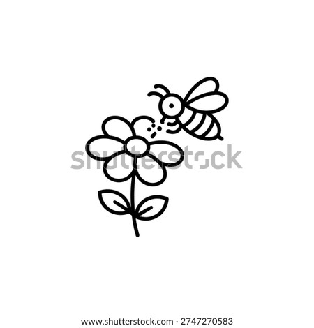 Spring bee and flower black and white vector illustration spring bee pollinating spring flower line art