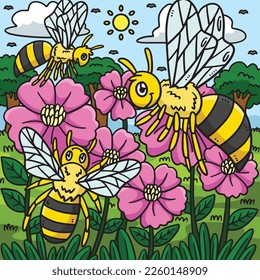 Spring Bees Collecting Pollen Colored Illustration