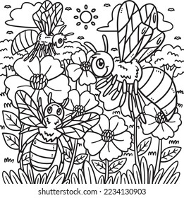 Spring Bees Collecting Pollen Coloring Page 