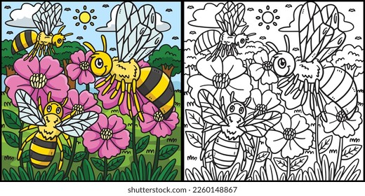 Spring Bees Collecting Pollen Illustration