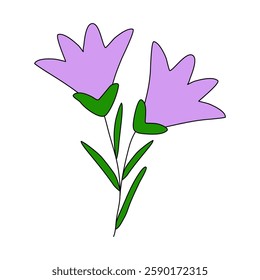 Spring bell shaped violet flowers or bluebells, doodle style vector