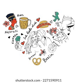 Spring in berlin. Beautiful heart shaped set of Berlin and spring related graphics