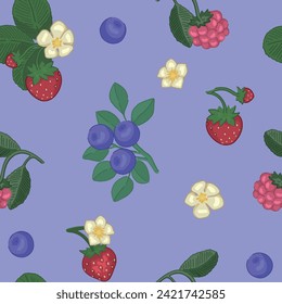 Spring berries seamless pattern. Ornament of strawberry, blueberry, raspberry. Cartoon vector design.