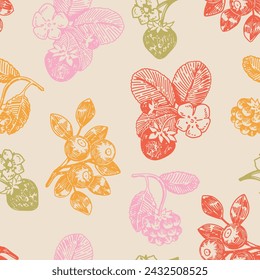 Spring berries seamless pattern. Ornament of strawberry, blueberry, raspberry. Design in retro engraving style.