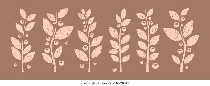 Spring berry, mistletoe, winter grunge plant mocha mousse color, branch leaf chalk, crayon foliage, Christmas small berry charcoal set. Trendy colors 2025 year bg. Nature vector illustration