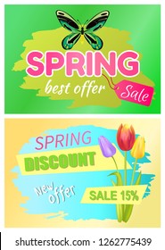 Spring best offer promo tag springtime discount new advert 15% off sale poster with exotic butterfly and bouquet of tulip flowers vector advertisements