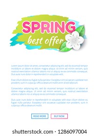 Spring best offer reduction of price vector web poster with text template. Springtime flower in bloom on sale label, promo advert certificate or voucher