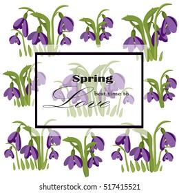 Spring is the best time for love. Beautiful purple crocuses on a pastel background for greeting cards congratulations on the spring, Women's Day. Flower vector illustration