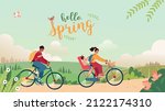 Spring bicycle trip. Hello spring concept. Landscape with a cute couple going cycling on the road and lettering. Spring landscape with  blooming trees and flowers. Vector illustration in flat style