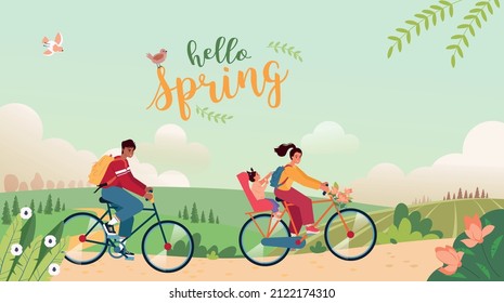 Spring bicycle trip. Hello spring concept. Landscape with a cute couple going cycling on the road and lettering. Spring landscape with  blooming trees and flowers. Vector illustration in flat style