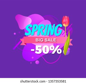 Spring big offer, 50 percent discount advertisement tag on abstract liquid shape, tulip flower and half price.Vector promo label, springtime advert