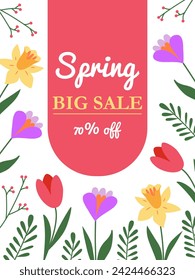 Spring big sale banner template with text. Seasonal advertising campaign. Great for social media, web sites, e mail newsletter. Vertical floral promo flyer, brochure, background.