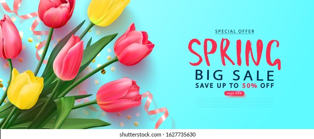Spring big sale card with tulips and serpentine.Vector illustration. Template banners,Wallpaper,flyers, invitation, posters, brochure, voucher discount.