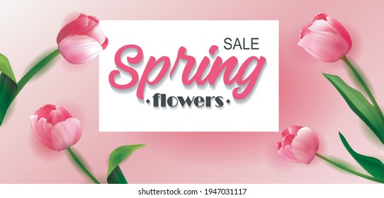 Spring big sale card with tulips and serpentine. Spring sale cheerful tulip design. EPS 10 vector