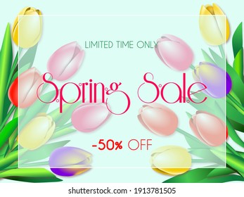 Spring big sale green banner with tulips