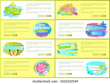 Spring big sale off advertisement labels set tulip crocus rose snowdrop flowers, cute springtime blooming bud on promo emblem isolated on web pages