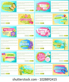 Spring big sale off set of advertisement labels on web posters tulip rose crocus daffodil flowers, springtime blooming emblems front back card covers