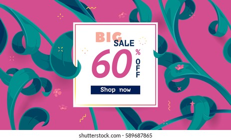 Spring big sale offer with text, tropical leaves in collage style. Festive button, frame decoration with abstract floral elements. Big sale 60% off. Mother's day vector background. e-Commerce banner. 