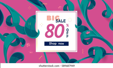 Spring big sale offer with text, tropical leaves in collage style. Festive button, frame decoration with abstract floral elements. Big sale 80% off. Mother's day vector background. e-Commerce banner. 