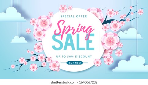 Spring big sale poster with full blossom flowers. Spring background