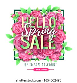 Spring big sale poster with full blossom flowers. Spring background