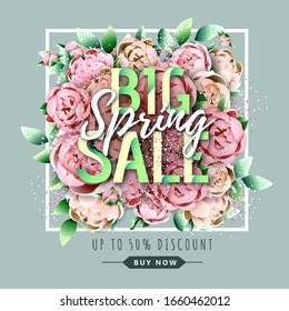 Spring big sale poster with full blossom flowers. Spring background