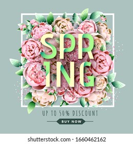 Spring big sale poster with full blossom flowers. Spring background