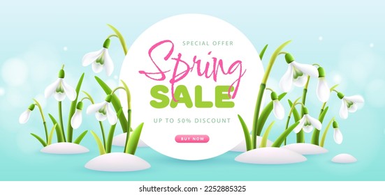 Spring big sale poster with full blossom snowdrops. Spring background. Vector illustration