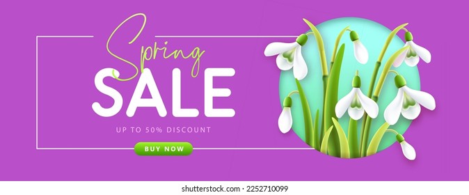 Spring big sale poster with realistic full blossom snowdrops. Vector illustration
