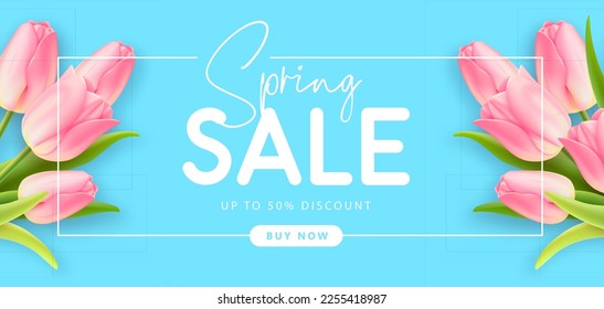 Spring big sale poster with realistic full blossom tulips on blue background. Vector illustration