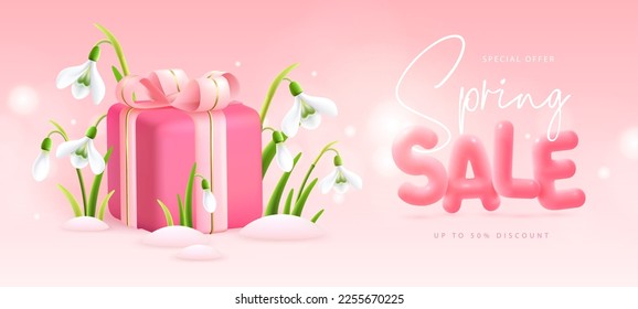 Spring big sale poster with realistic full blossom snowdrops, gift box and 3d text on pink background. Vector illustration