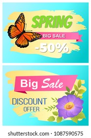 Spring big sale set of posters butterfly and flower. Deal best offer discount collections purple bloom and brown with black insect vector