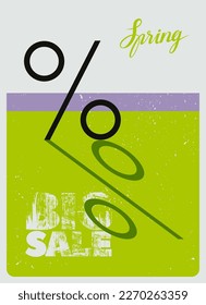 Spring Big Sale typographical vintage style grunge poster design with percentage sign. Vector illustration.